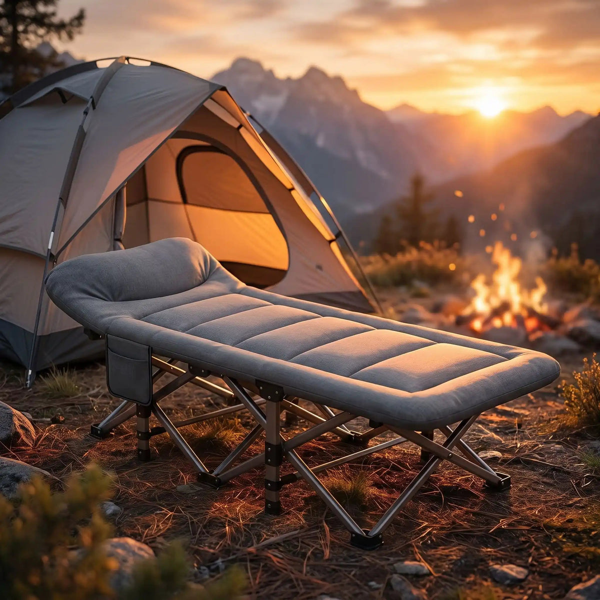 Lit de Camp Pliable | Oreiller Intégré - Camping Aventurier