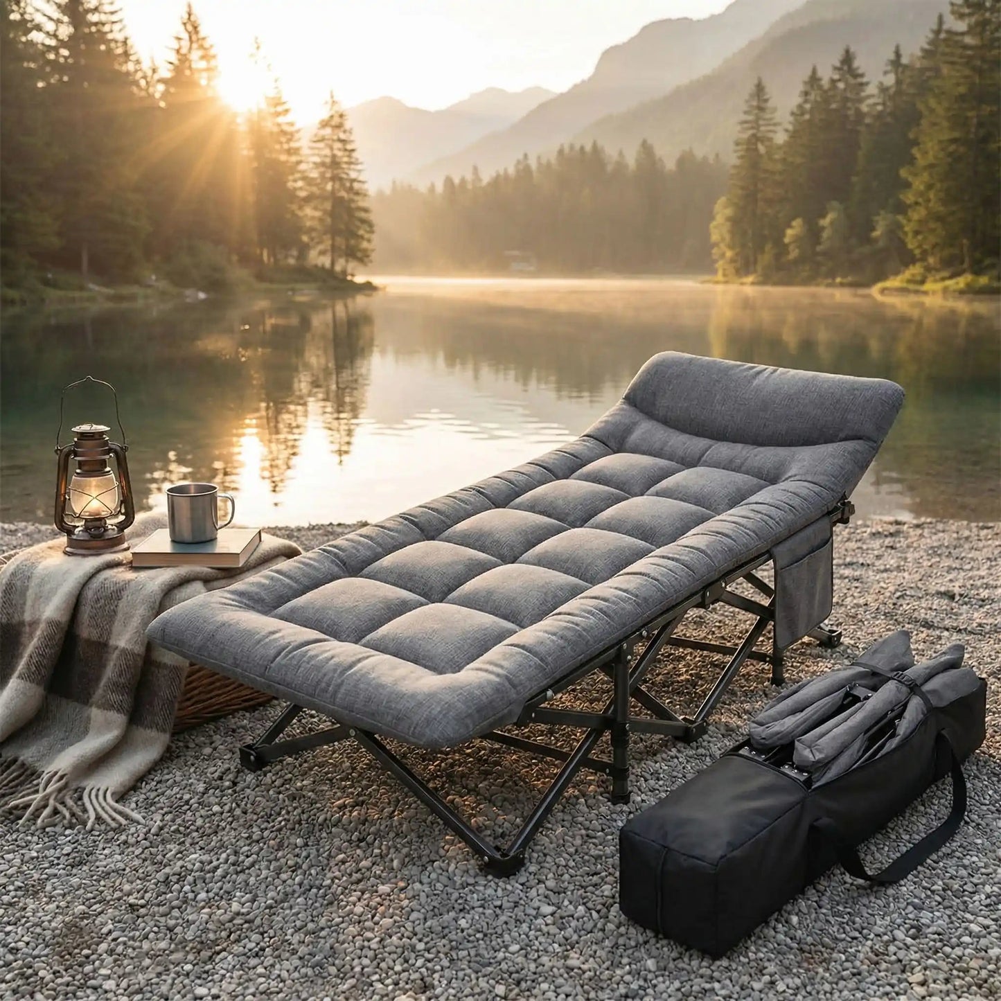 Lit de camp pliable | Ergonomique 200kg - Camping Aventurier